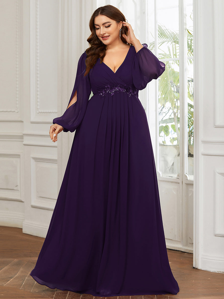 Elegant Chiffon Evening Gown for Plus Size Women with Lantern Sleeves