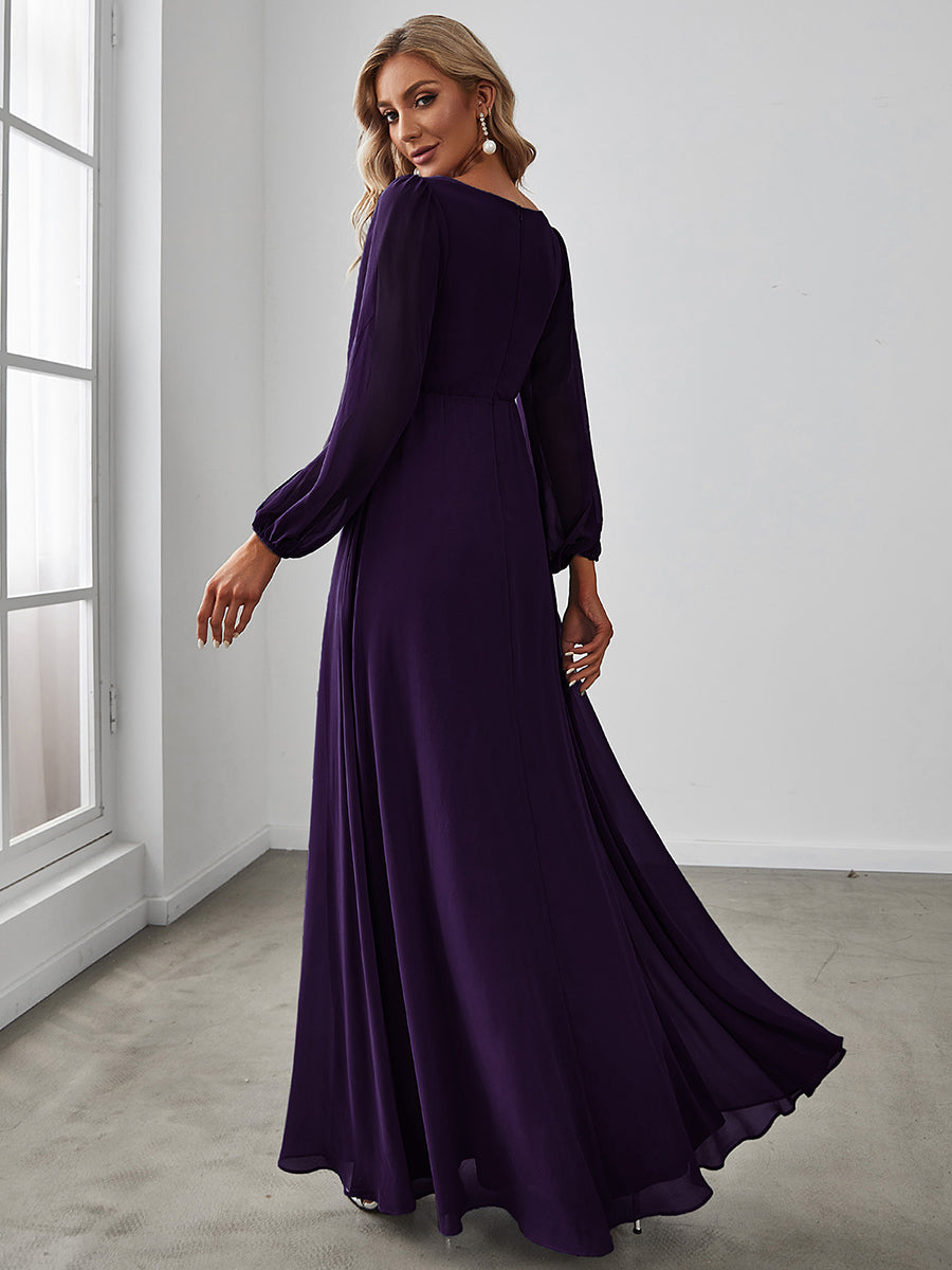 Elegant V-Neck Formal Dress with Long Lantern Sleeves