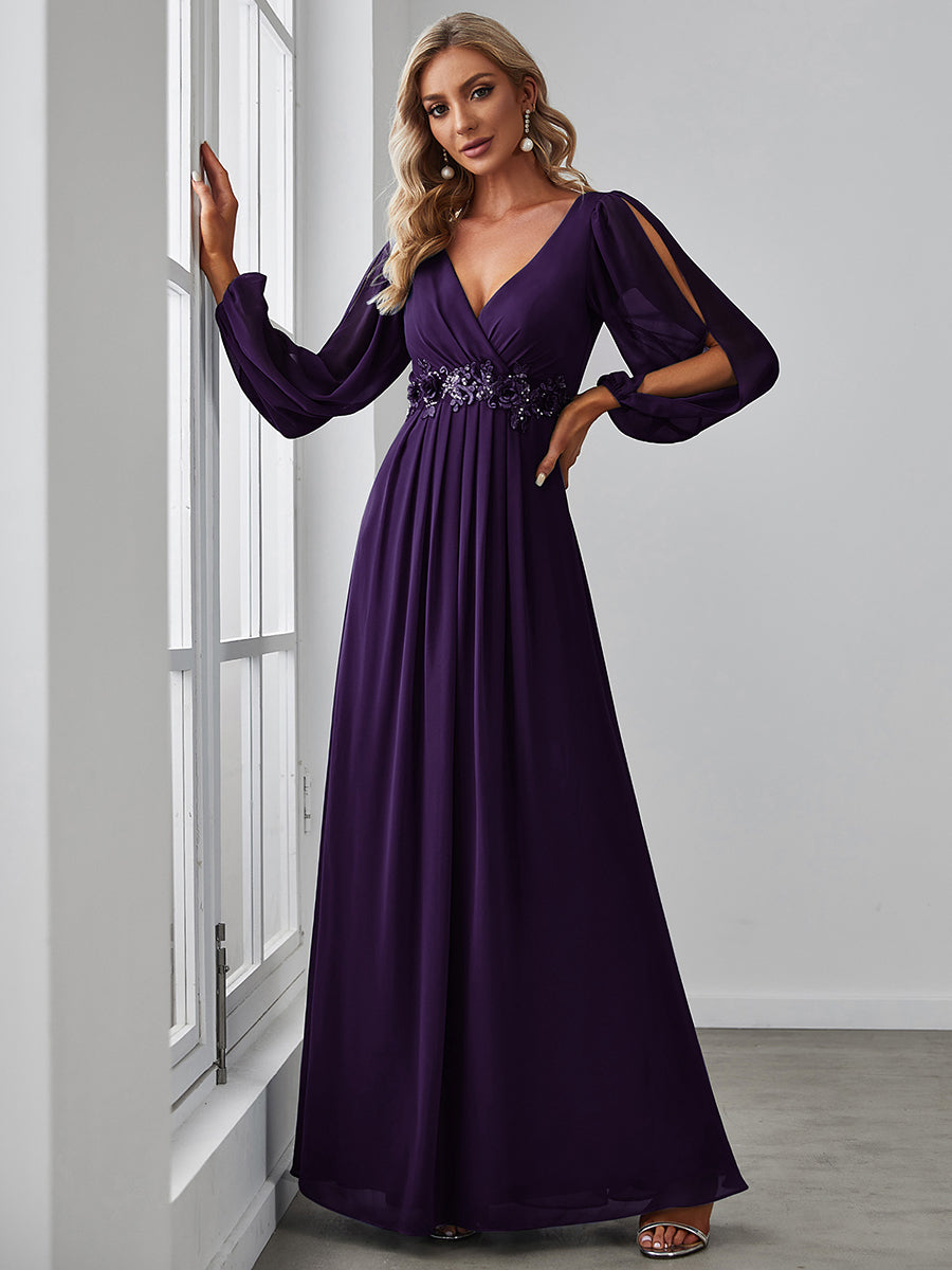 Elegant V-Neck Formal Dress with Long Lantern Sleeves