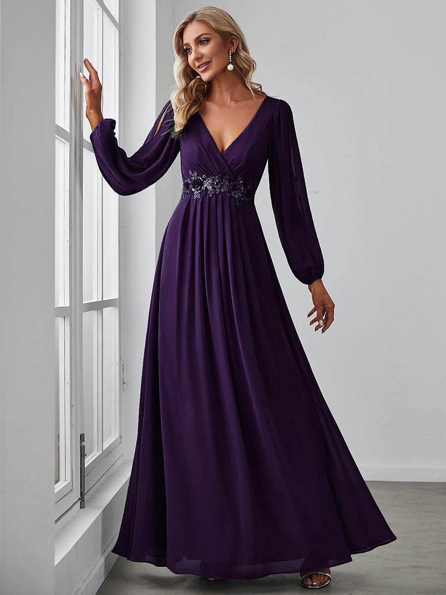 Elegant V-Neck Formal Dress with Long Lantern Sleeves