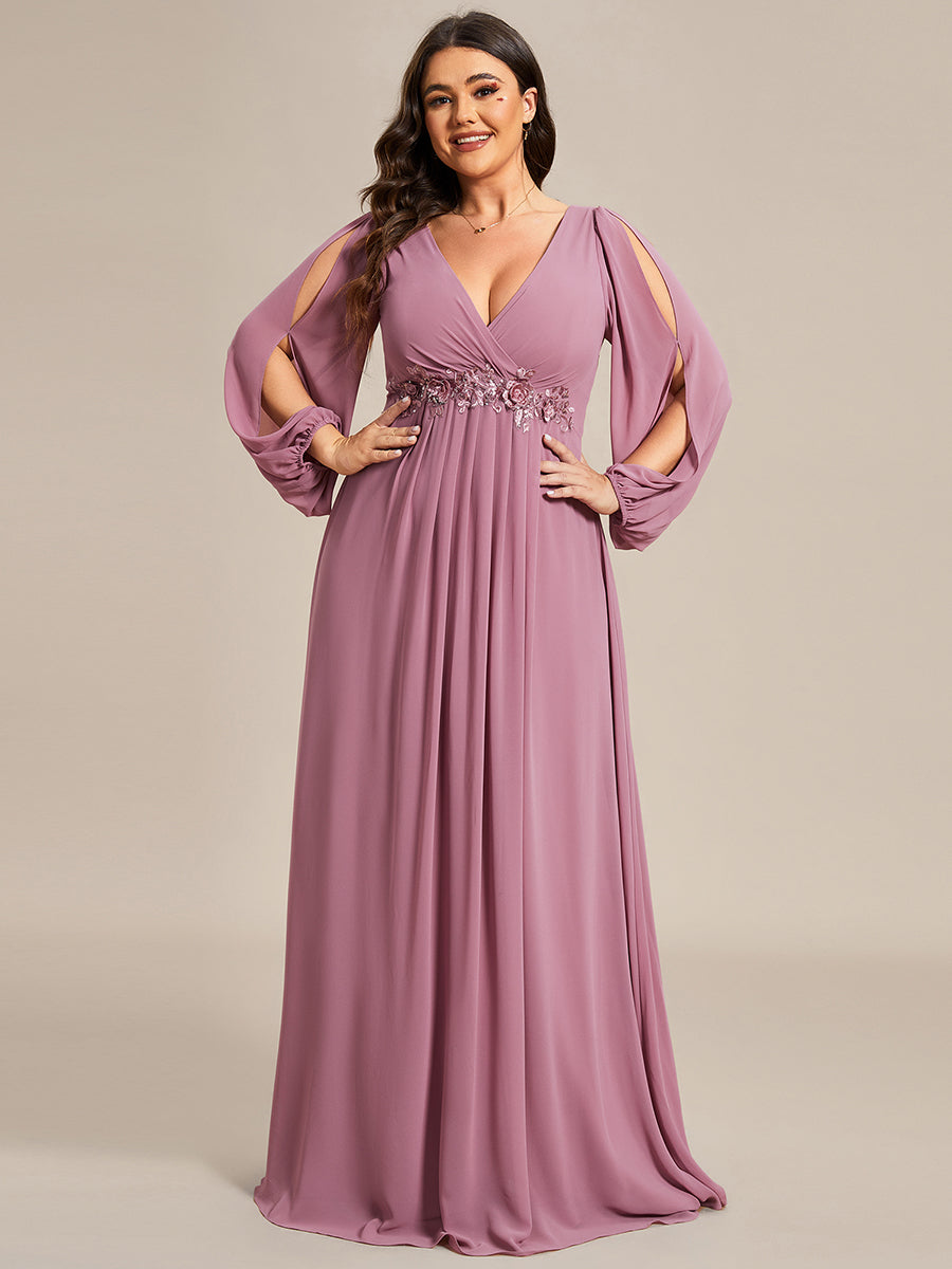 Elegant Chiffon Evening Gown for Plus Size Women with Lantern Sleeves