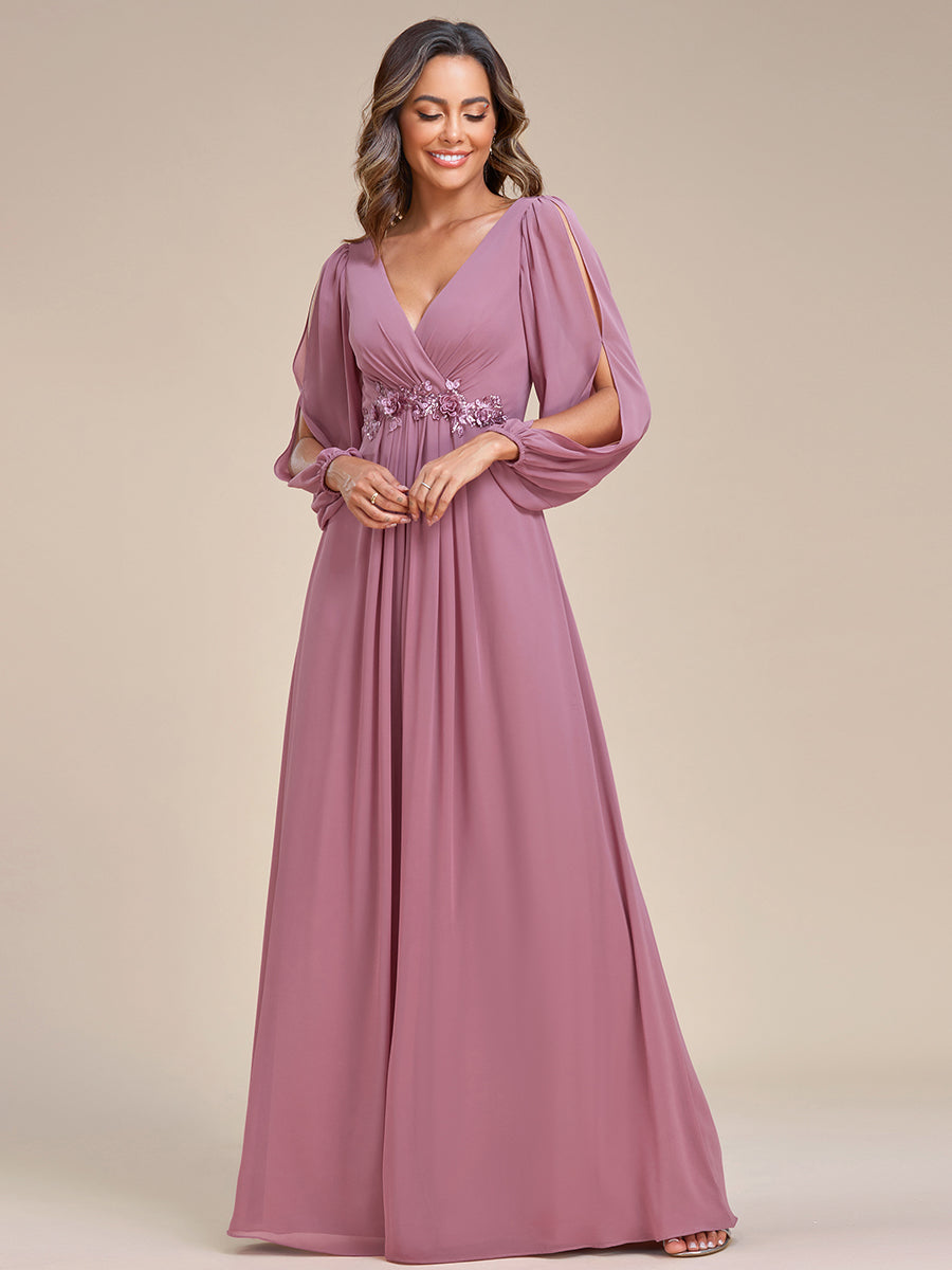 Elegant V-Neck Formal Dress with Long Lantern Sleeves