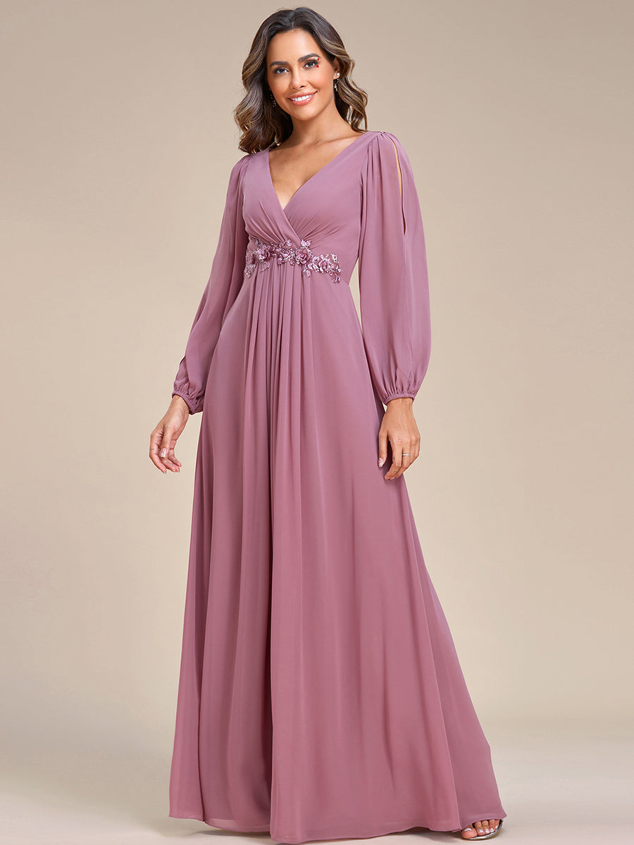 Elegant V-Neck Formal Dress with Long Lantern Sleeves