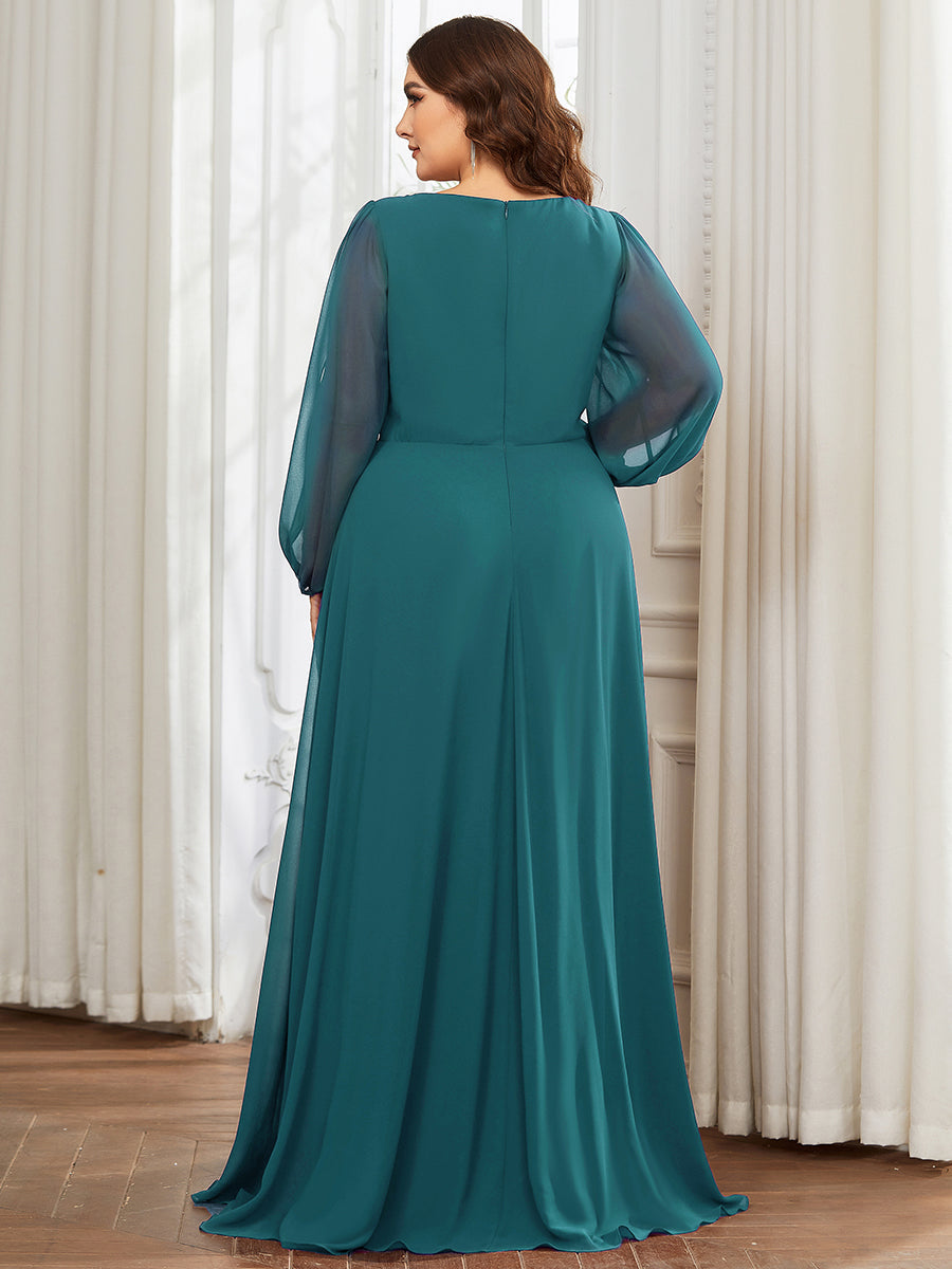 Elegant Chiffon Evening Gown for Plus Size Women with Lantern Sleeves