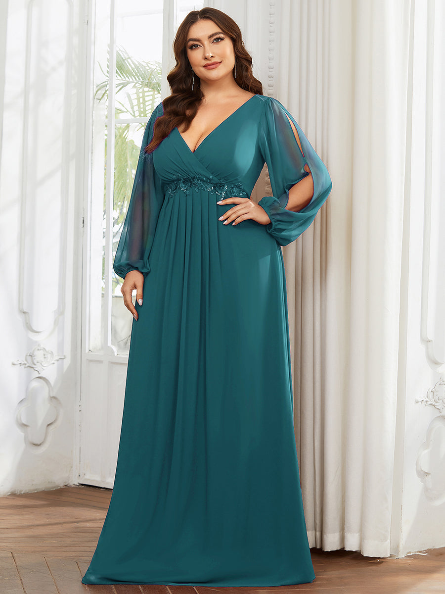 Elegant Chiffon Evening Gown for Plus Size Women with Lantern Sleeves