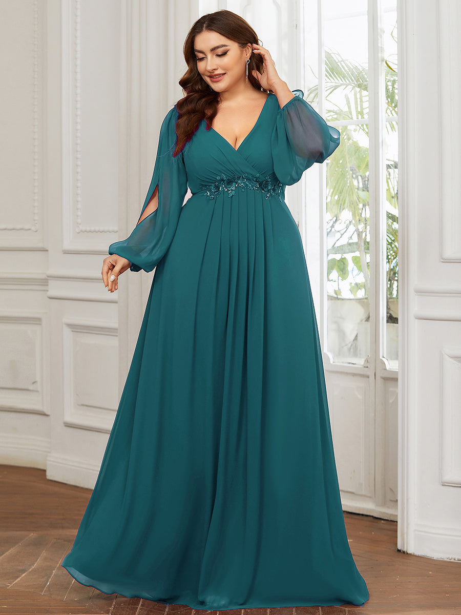 Elegant Chiffon Evening Gown for Plus Size Women with Lantern Sleeves