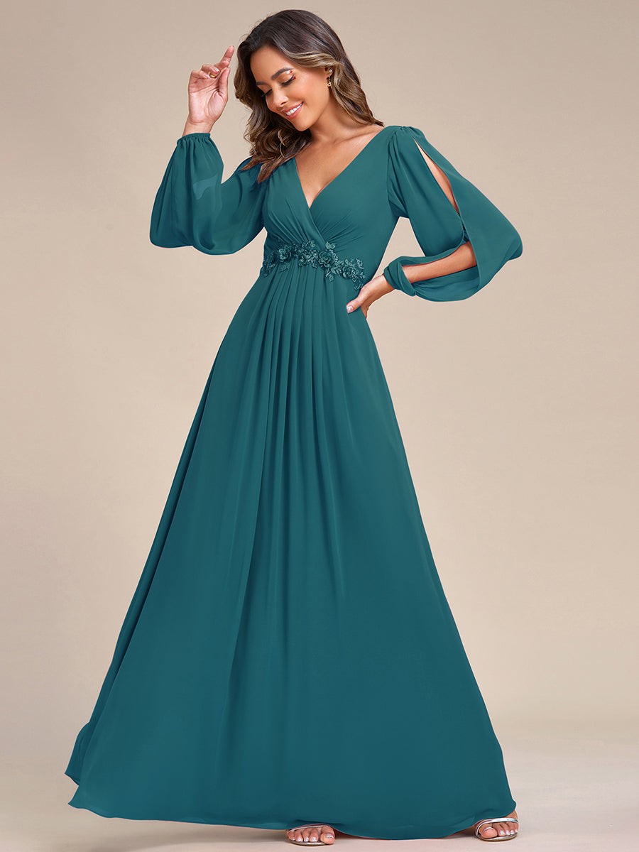 Elegant V-Neck Formal Dress with Long Lantern Sleeves