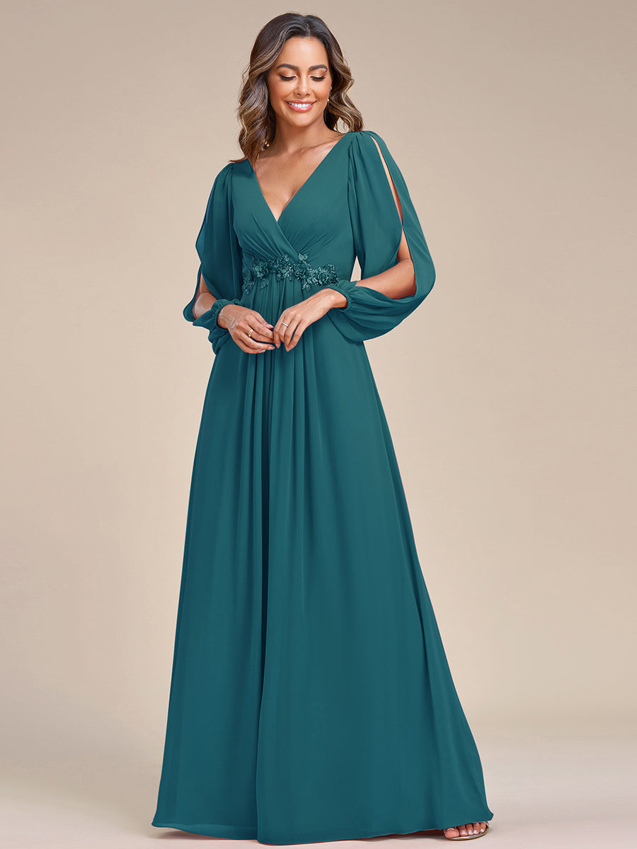 Elegant V-Neck Formal Dress with Long Lantern Sleeves