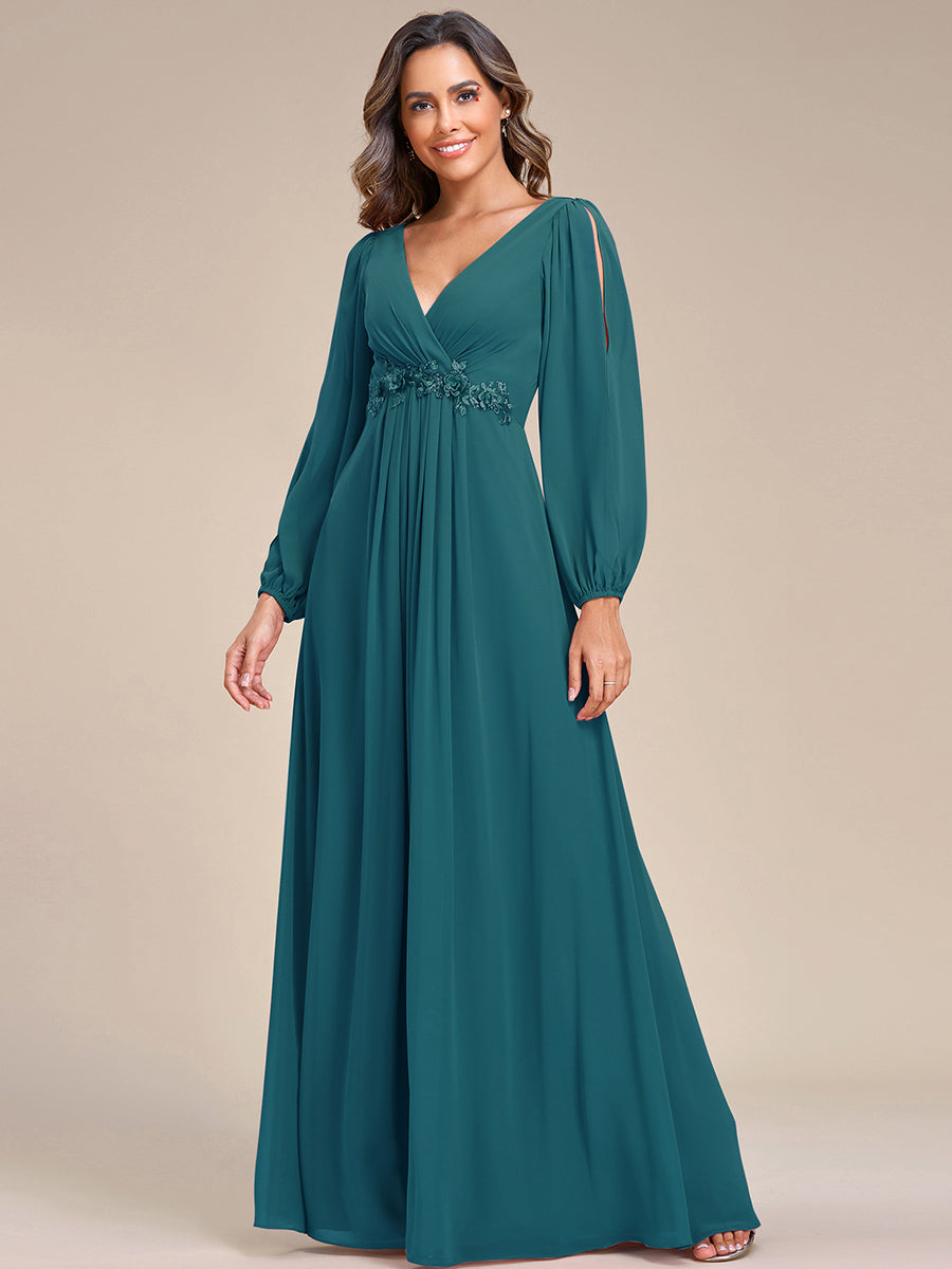 Elegant V-Neck Formal Dress with Long Lantern Sleeves