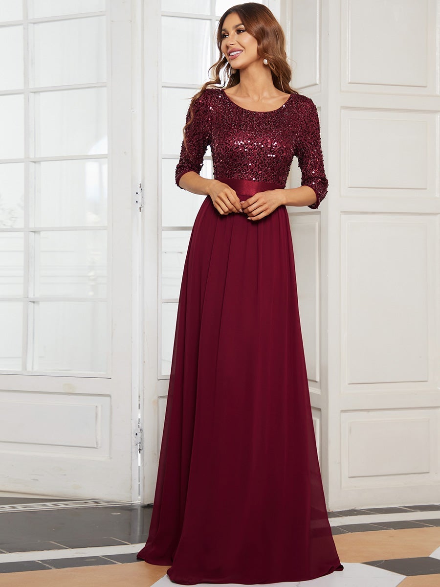 Elegant Sequined A-Line Evening Gown with 3/4 Sleeves