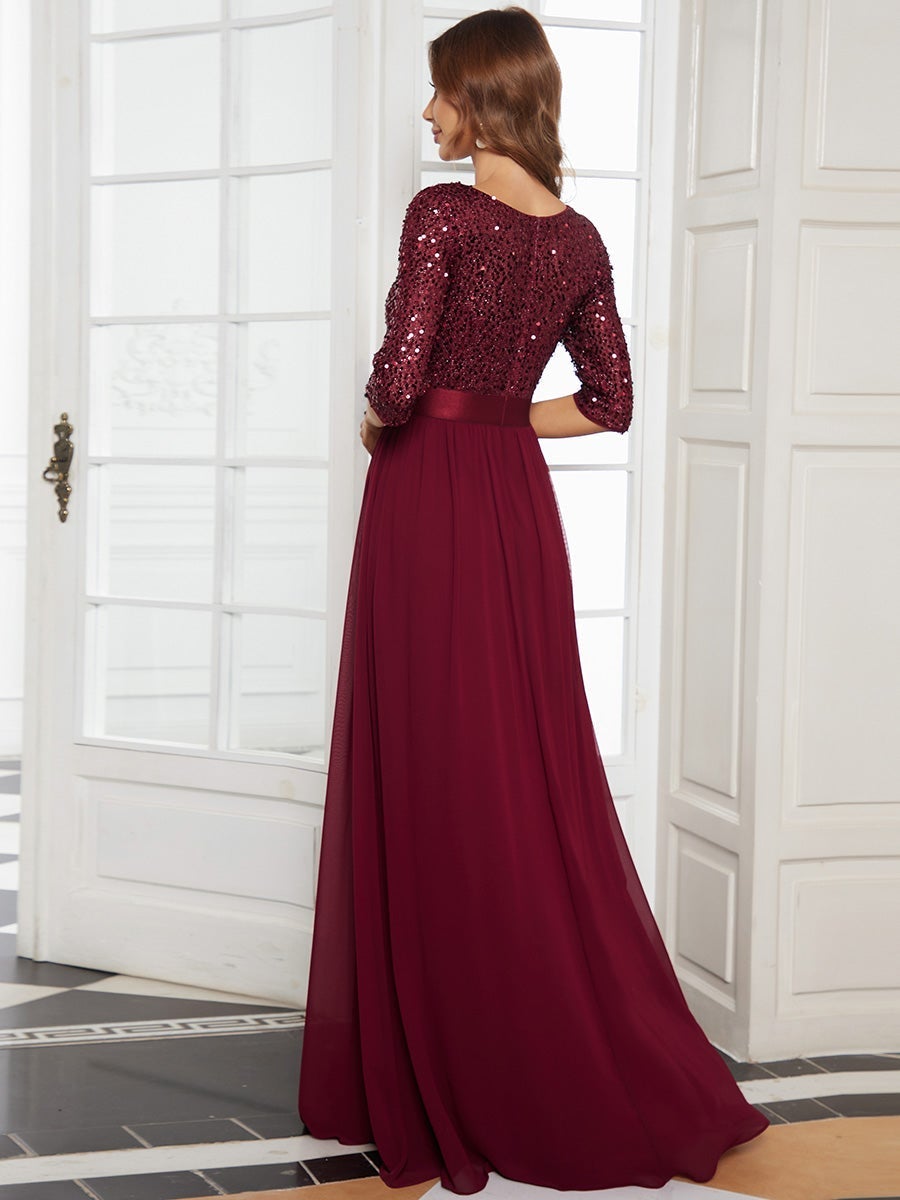 Elegant Sequined A-Line Evening Gown with 3/4 Sleeves