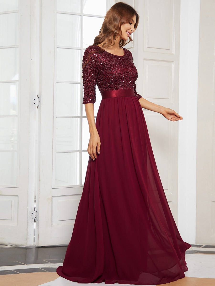 Elegant Sequined A-Line Evening Gown with 3/4 Sleeves