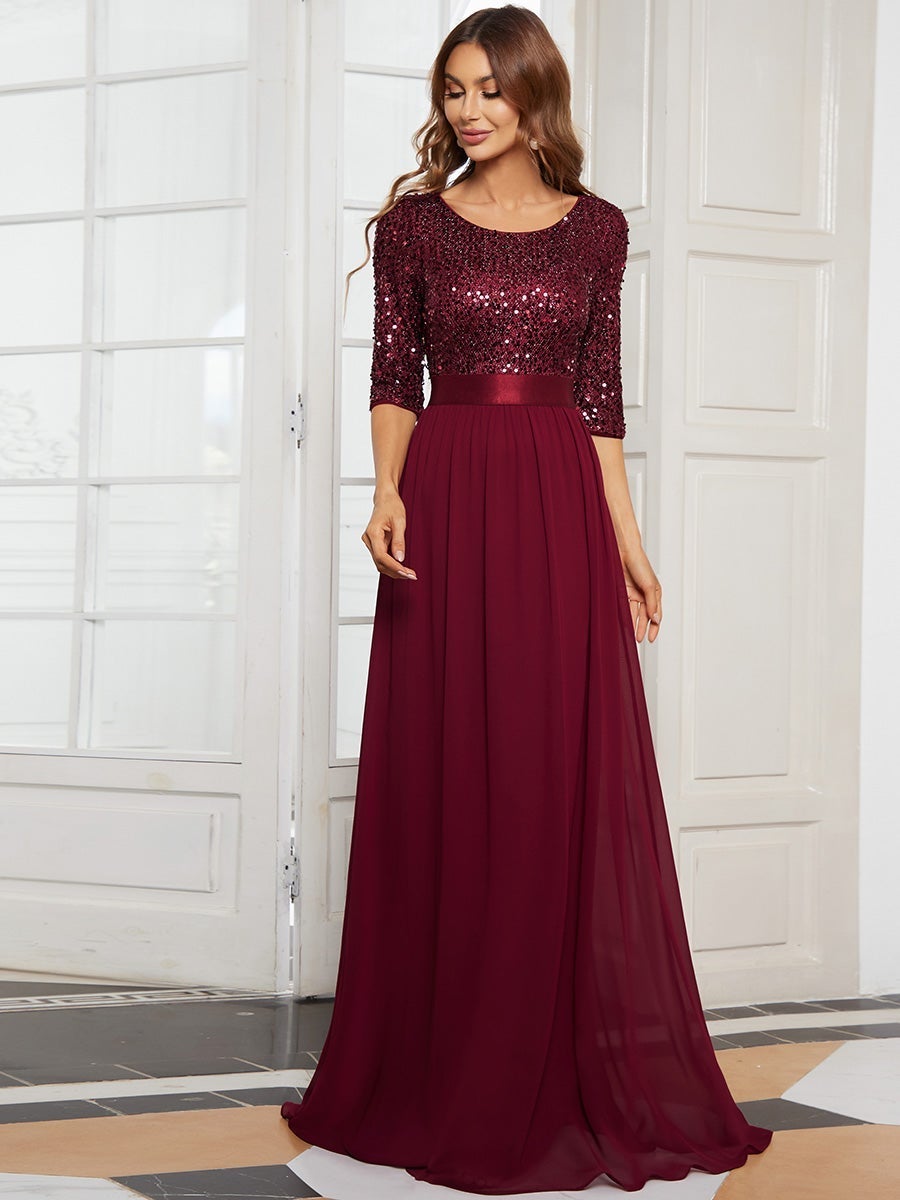 Elegant Sequined A-Line Evening Gown with 3/4 Sleeves