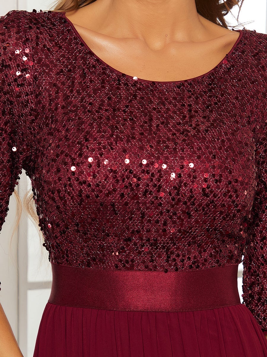 Elegant Sequined A-Line Evening Gown with 3/4 Sleeves