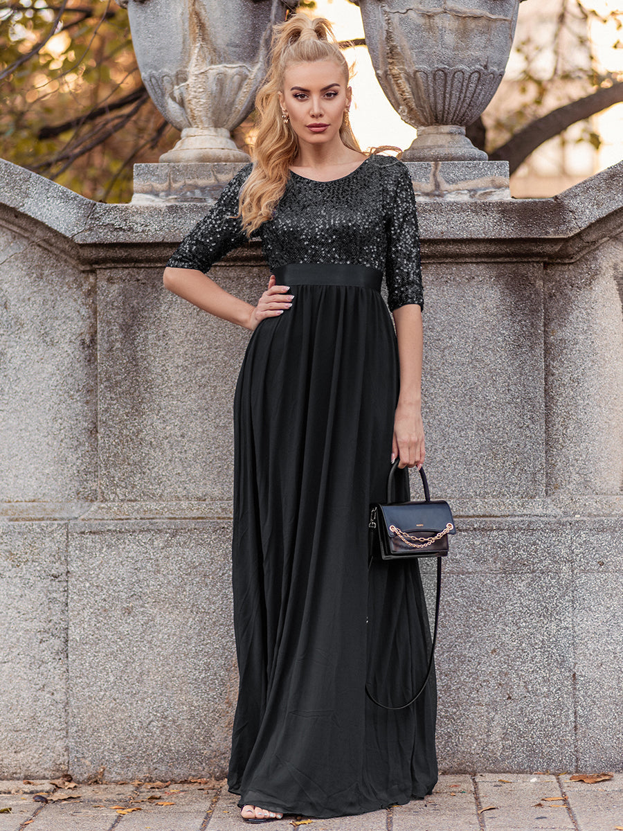 Elegant Sequined A-Line Evening Gown with 3/4 Sleeves