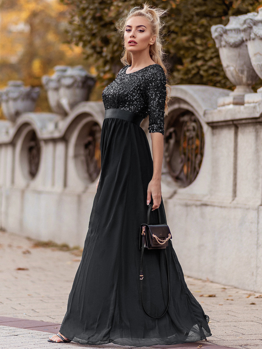 Elegant Sequined A-Line Evening Gown with 3/4 Sleeves