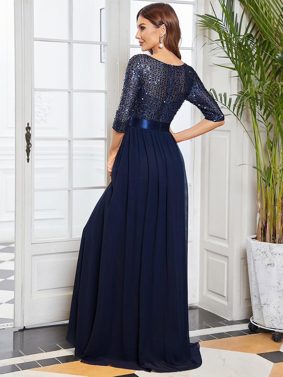 Elegant Sequined A-Line Evening Gown with 3/4 Sleeves