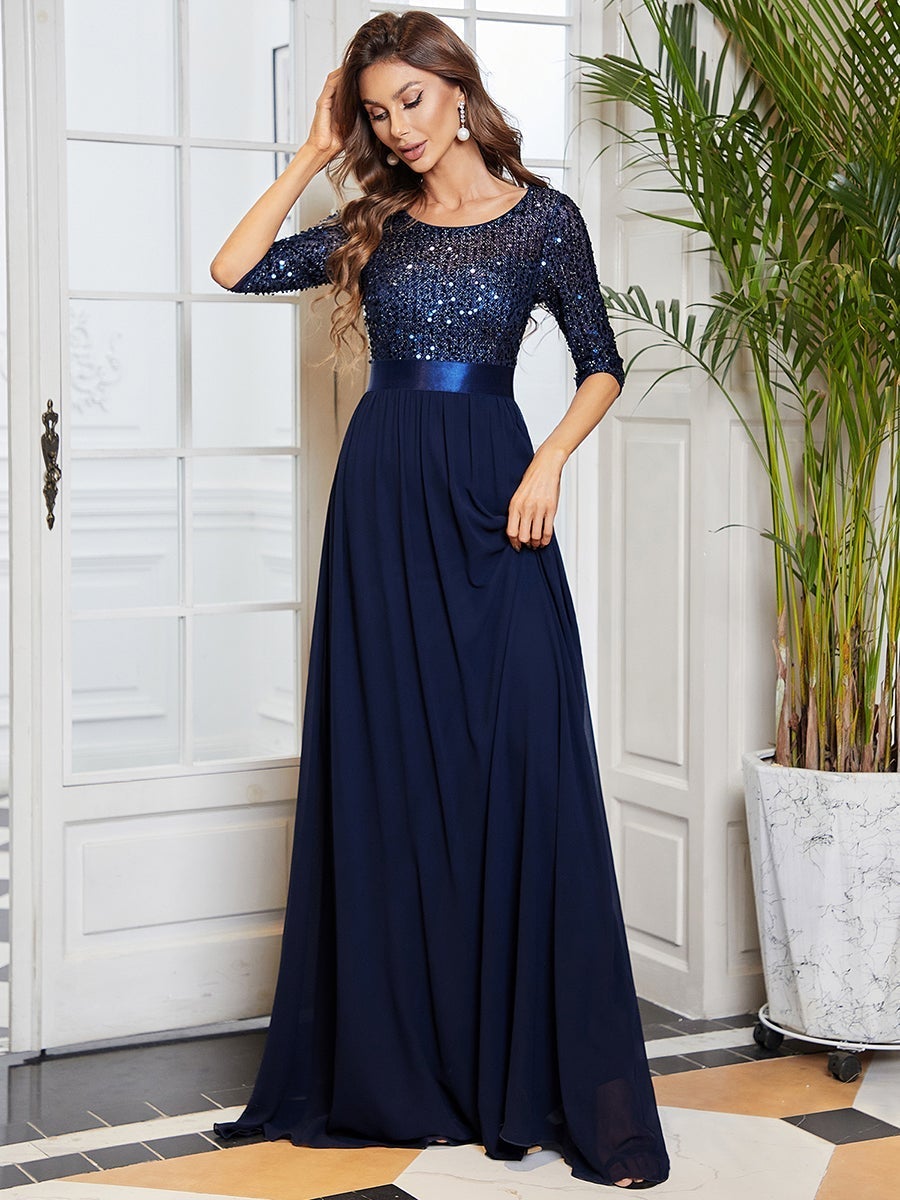 Elegant Sequined A-Line Evening Gown with 3/4 Sleeves