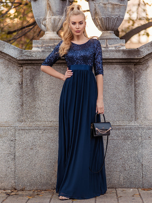 Elegant Sequined A-Line Evening Gown with 3/4 Sleeves