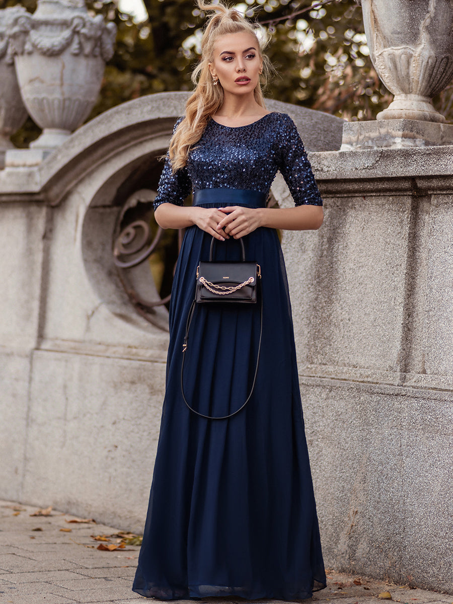 Elegant Sequined A-Line Evening Gown with 3/4 Sleeves