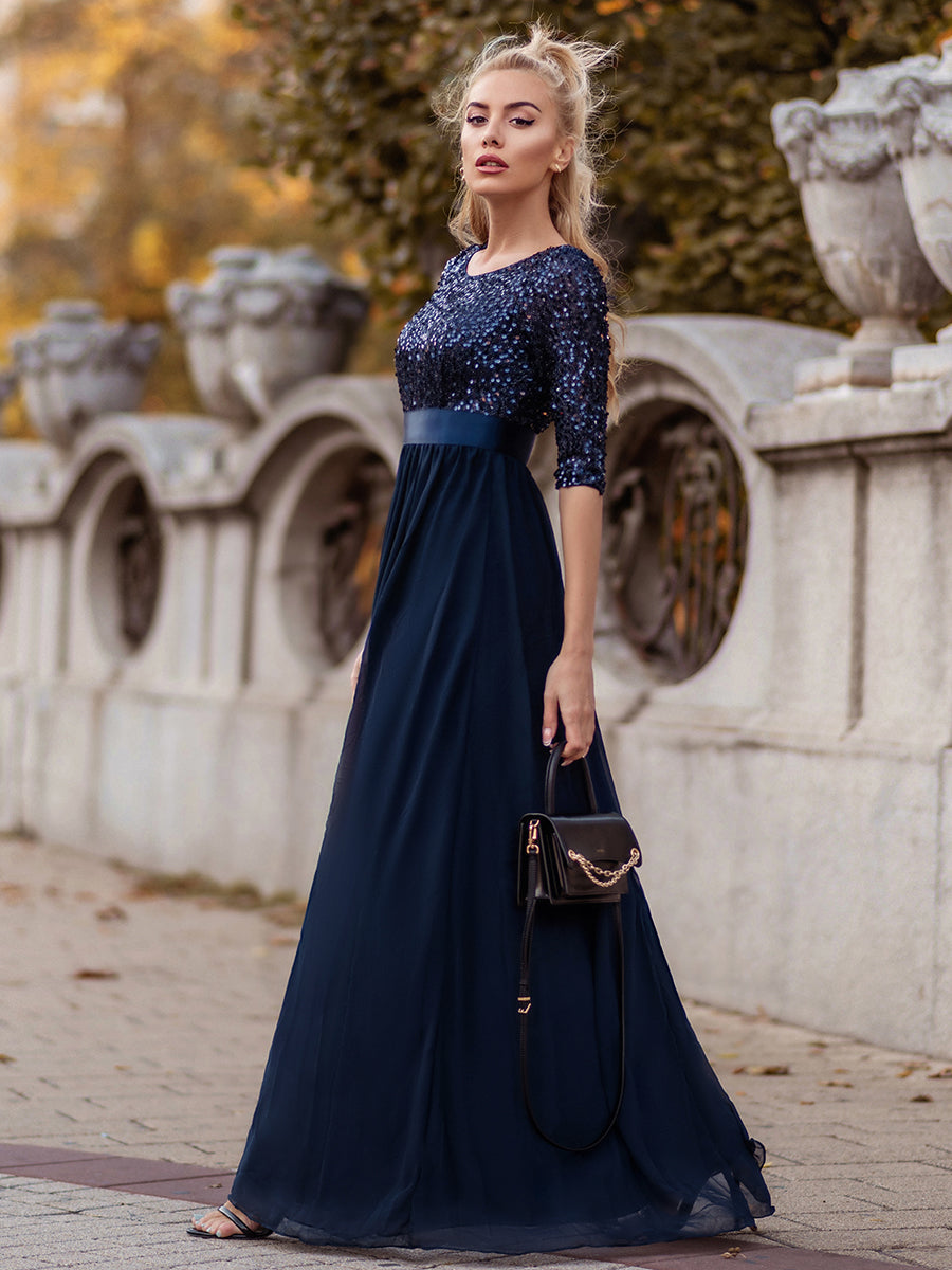 Elegant Sequined A-Line Evening Gown with 3/4 Sleeves