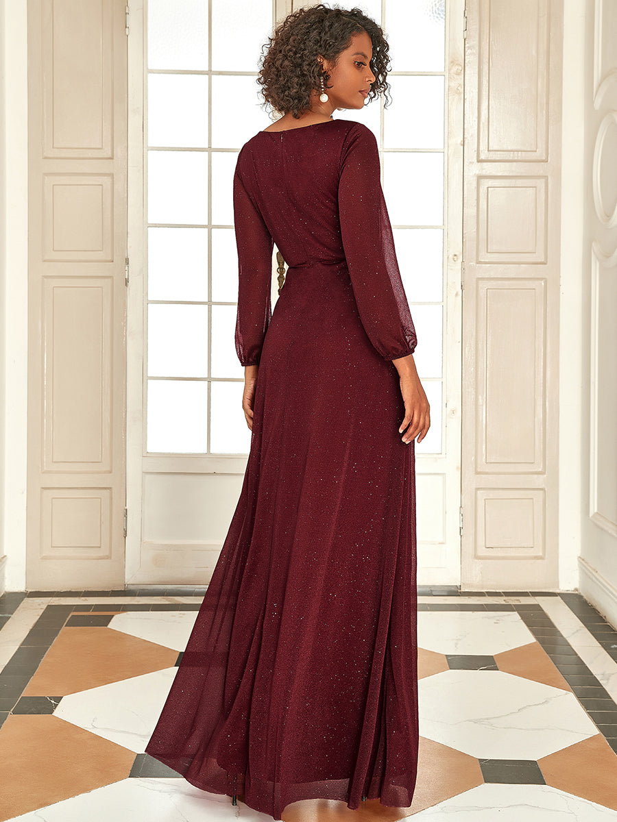 Sleek Shimmer V-Neck Evening Gown With Long Sleeves