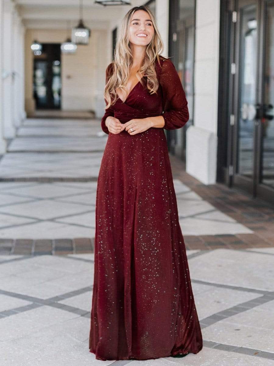 Sleek Shimmer V-Neck Evening Gown With Long Sleeves