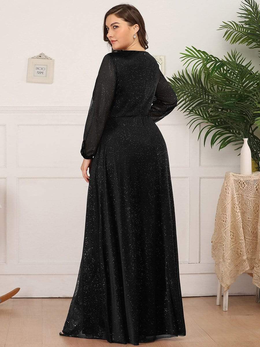 Sleek Shimmer V-Neck Evening Gown With Long Sleeves