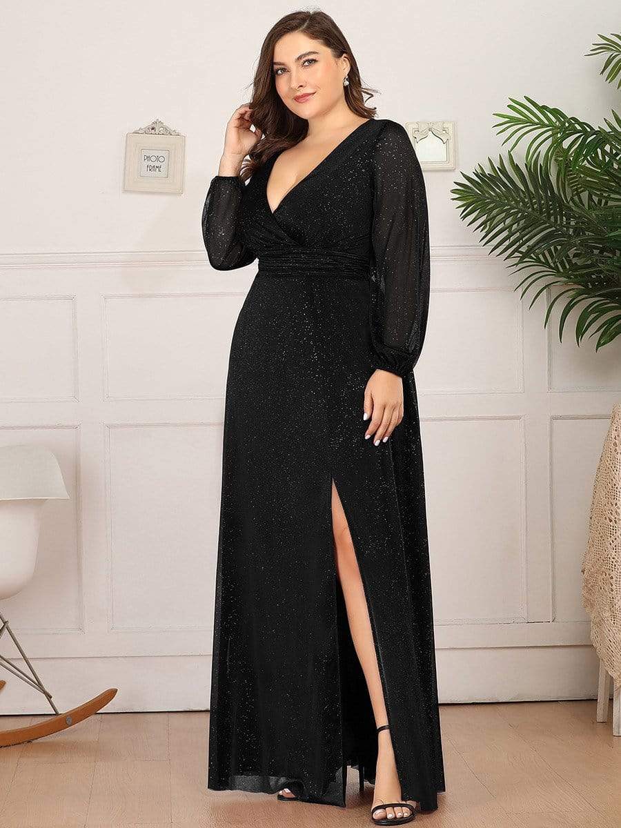 Sleek Shimmer V-Neck Evening Gown With Long Sleeves