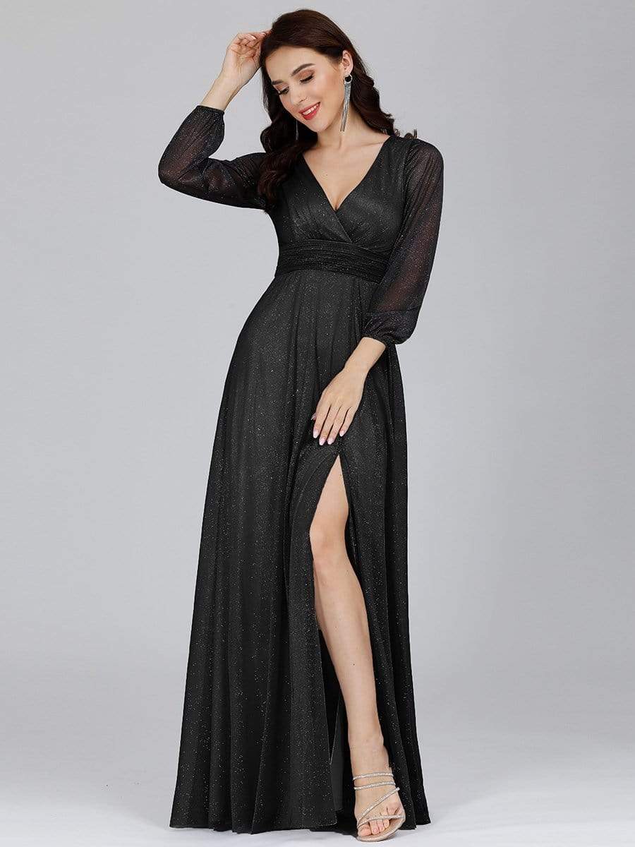 Sleek Shimmer V-Neck Evening Gown With Long Sleeves