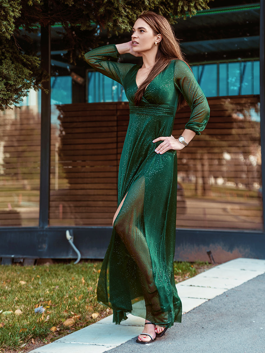 Sleek Shimmer V-Neck Evening Gown With Long Sleeves