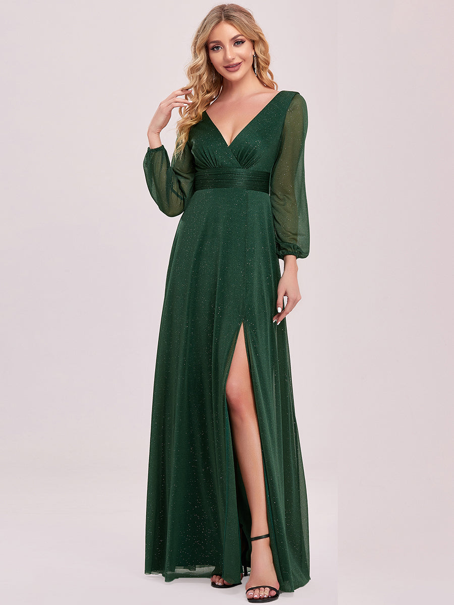 Sleek Shimmer V-Neck Evening Gown With Long Sleeves