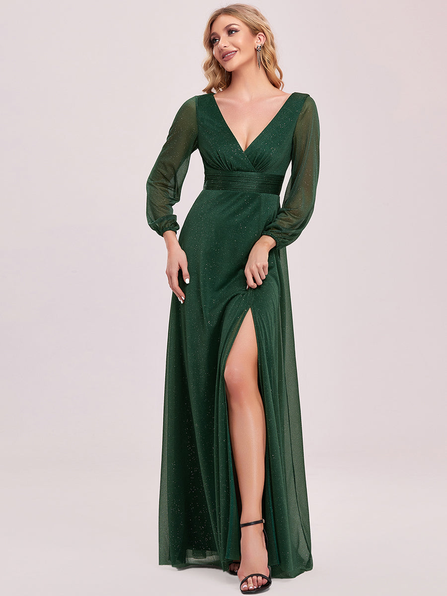 Sleek Shimmer V-Neck Evening Gown With Long Sleeves