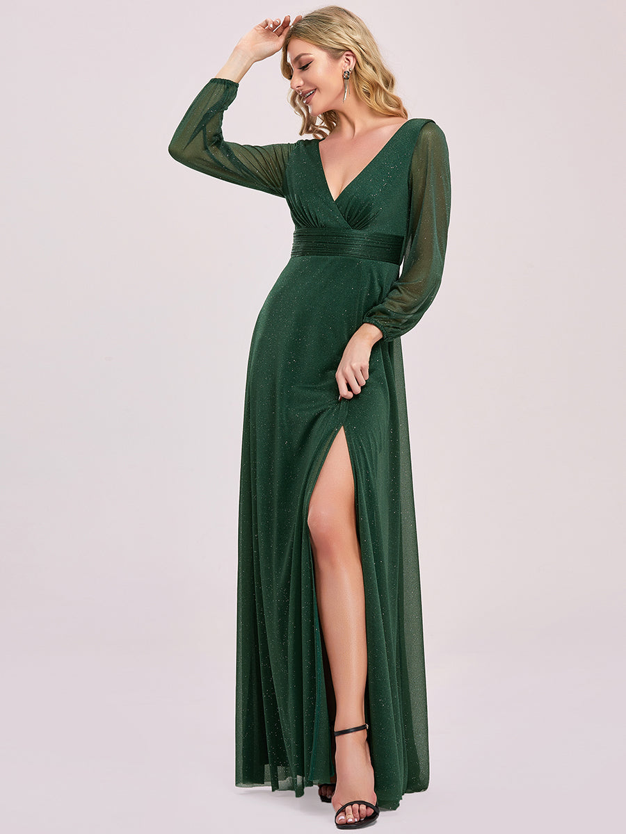 Sleek Shimmer V-Neck Evening Gown With Long Sleeves