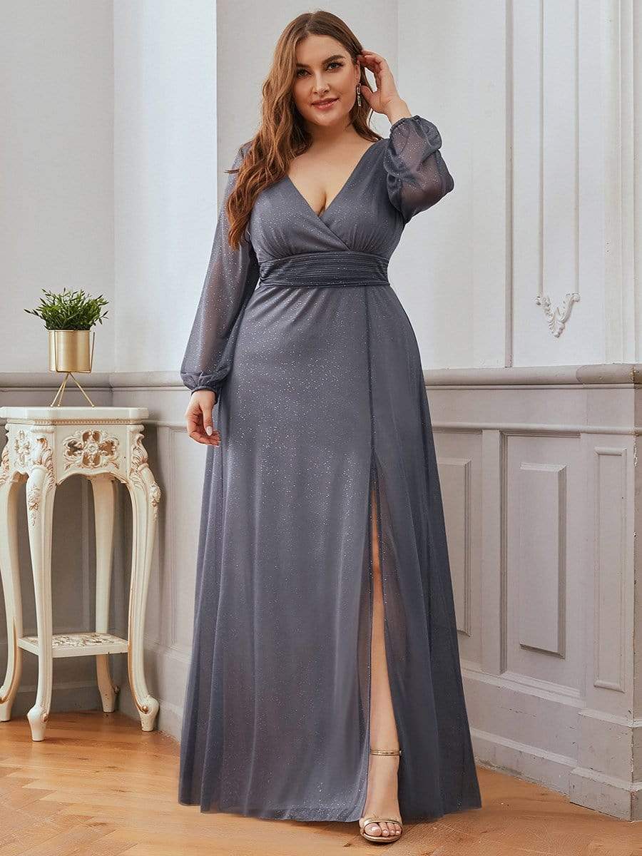 Sleek Shimmer V-Neck Evening Gown With Long Sleeves