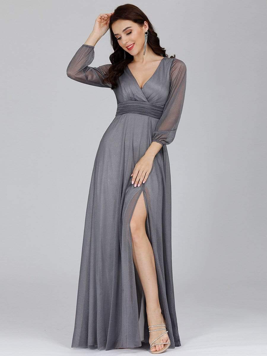 Sleek Shimmer V-Neck Evening Gown With Long Sleeves