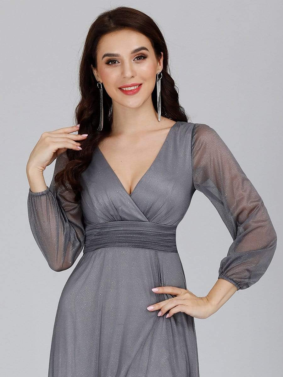 Sleek Shimmer V-Neck Evening Gown With Long Sleeves