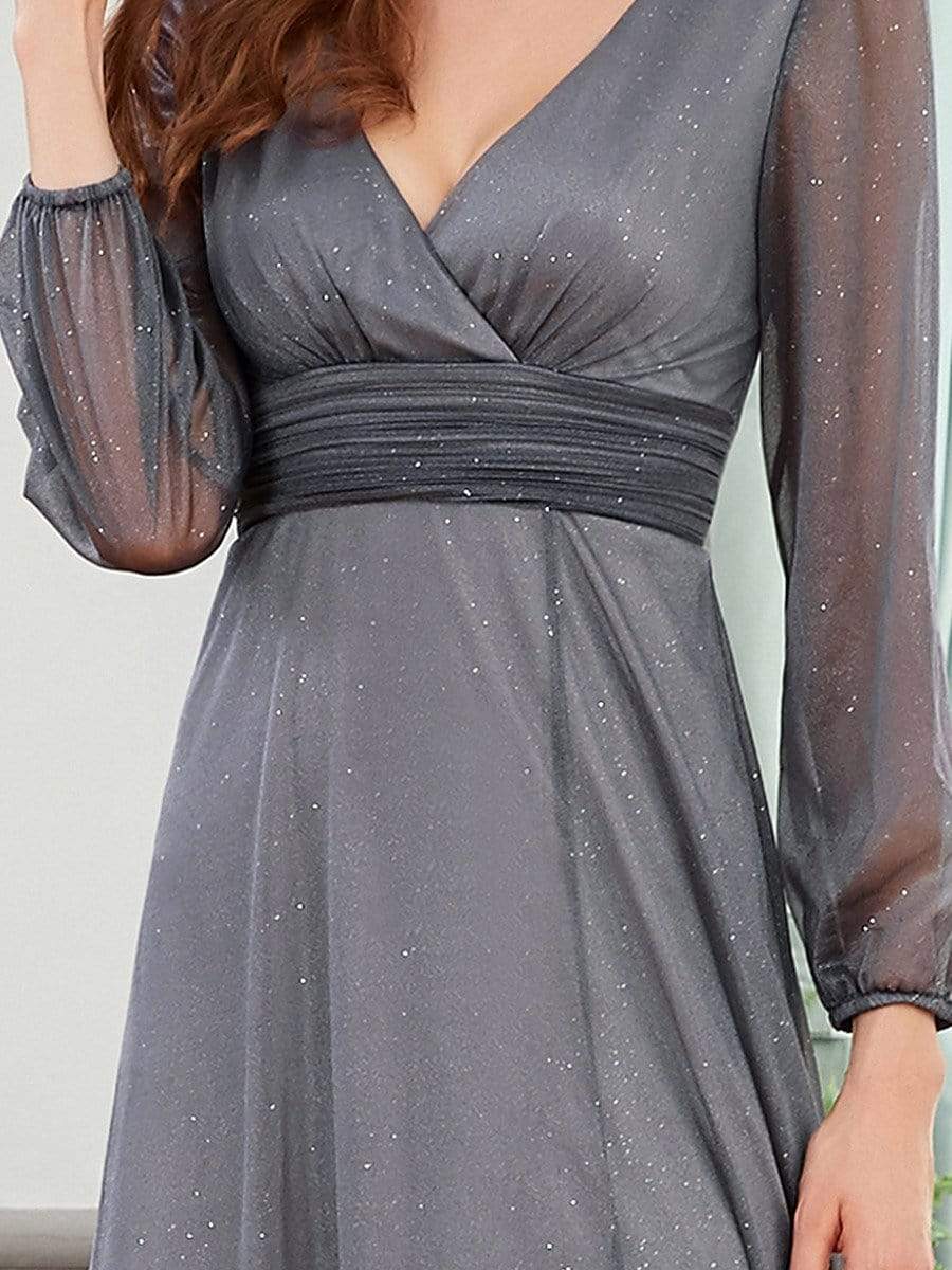 Sleek Shimmer V-Neck Evening Gown With Long Sleeves