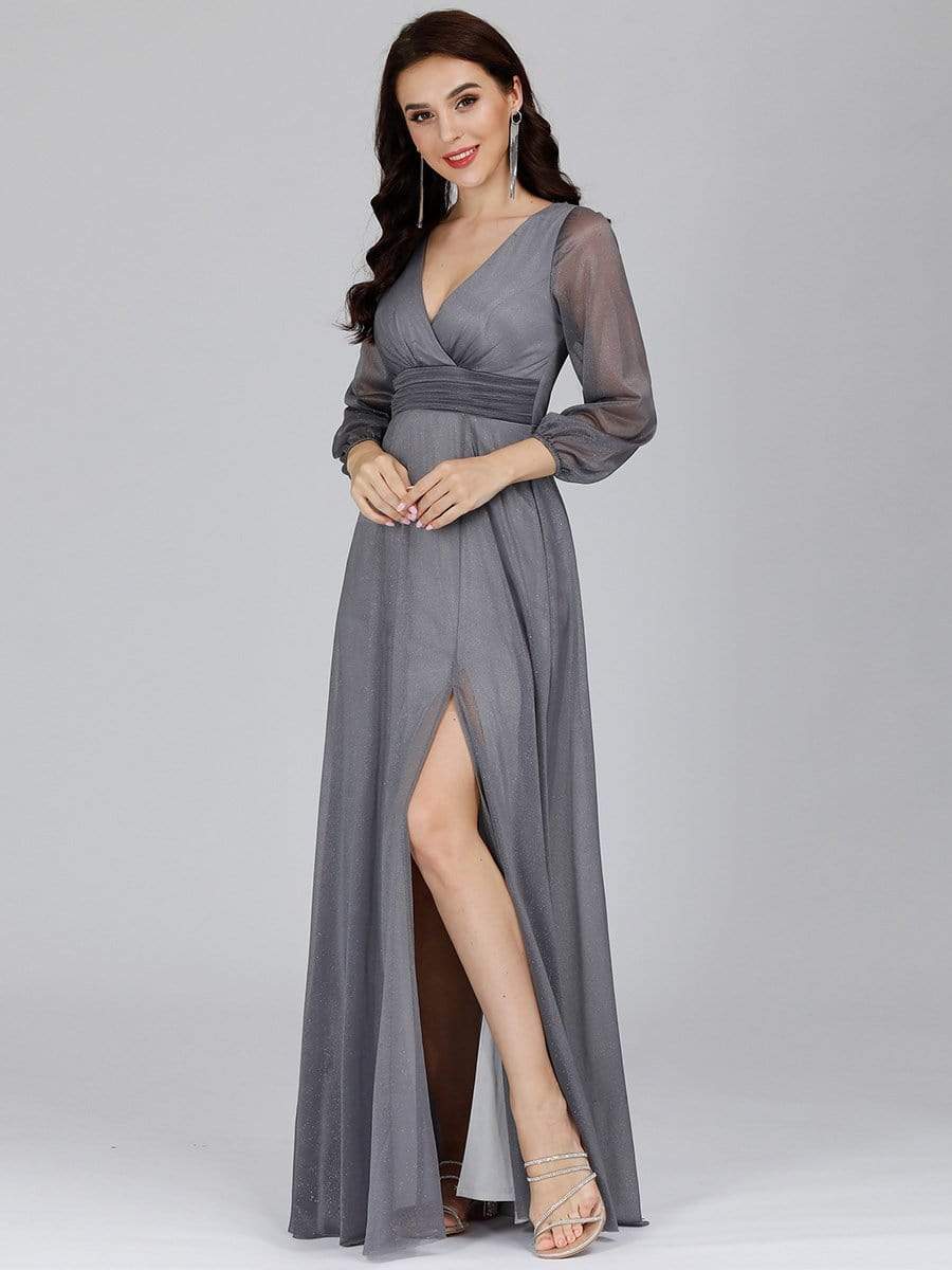 Sleek Shimmer V-Neck Evening Gown With Long Sleeves