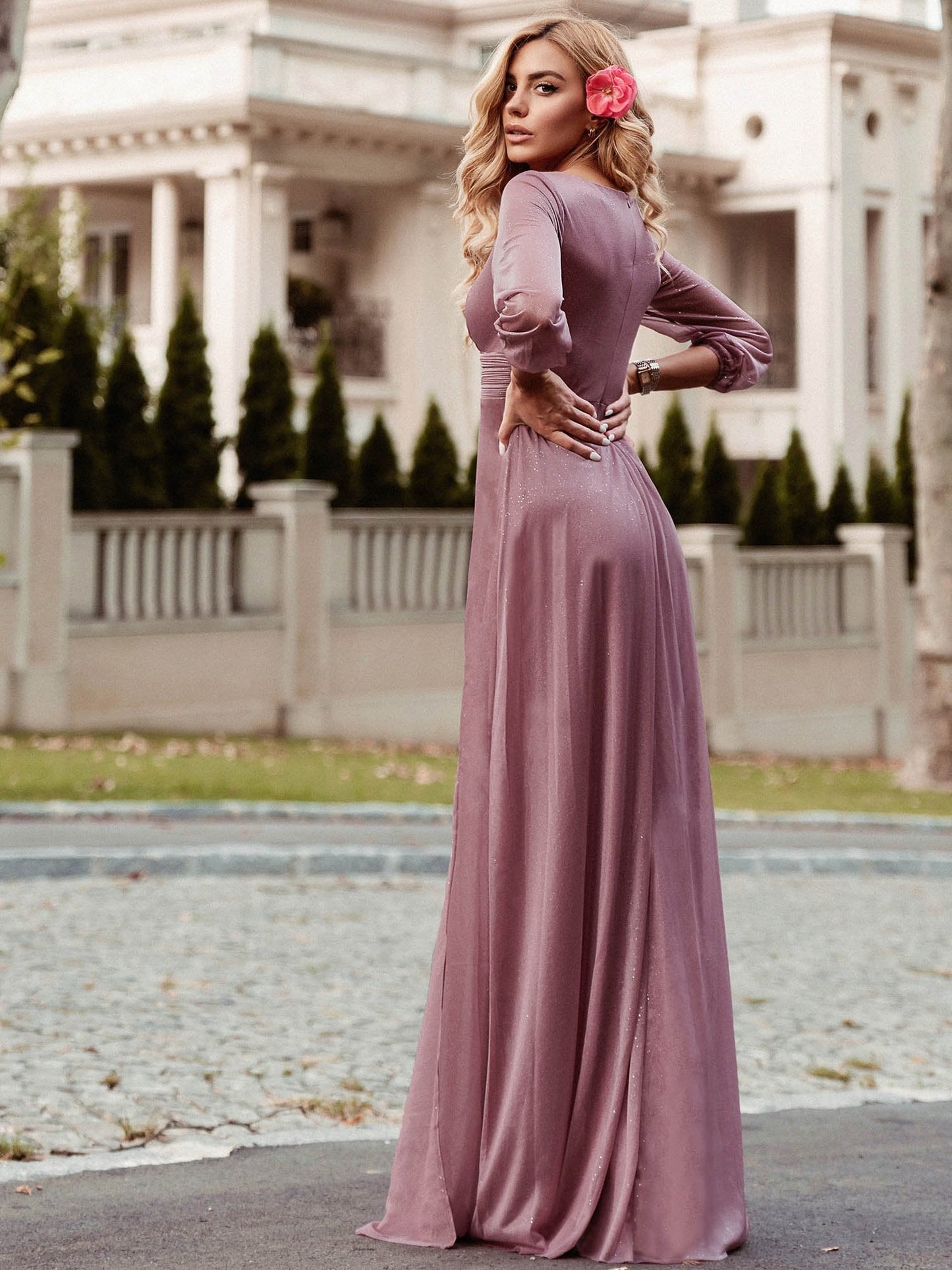 Sleek Shimmer V-Neck Evening Gown With Long Sleeves