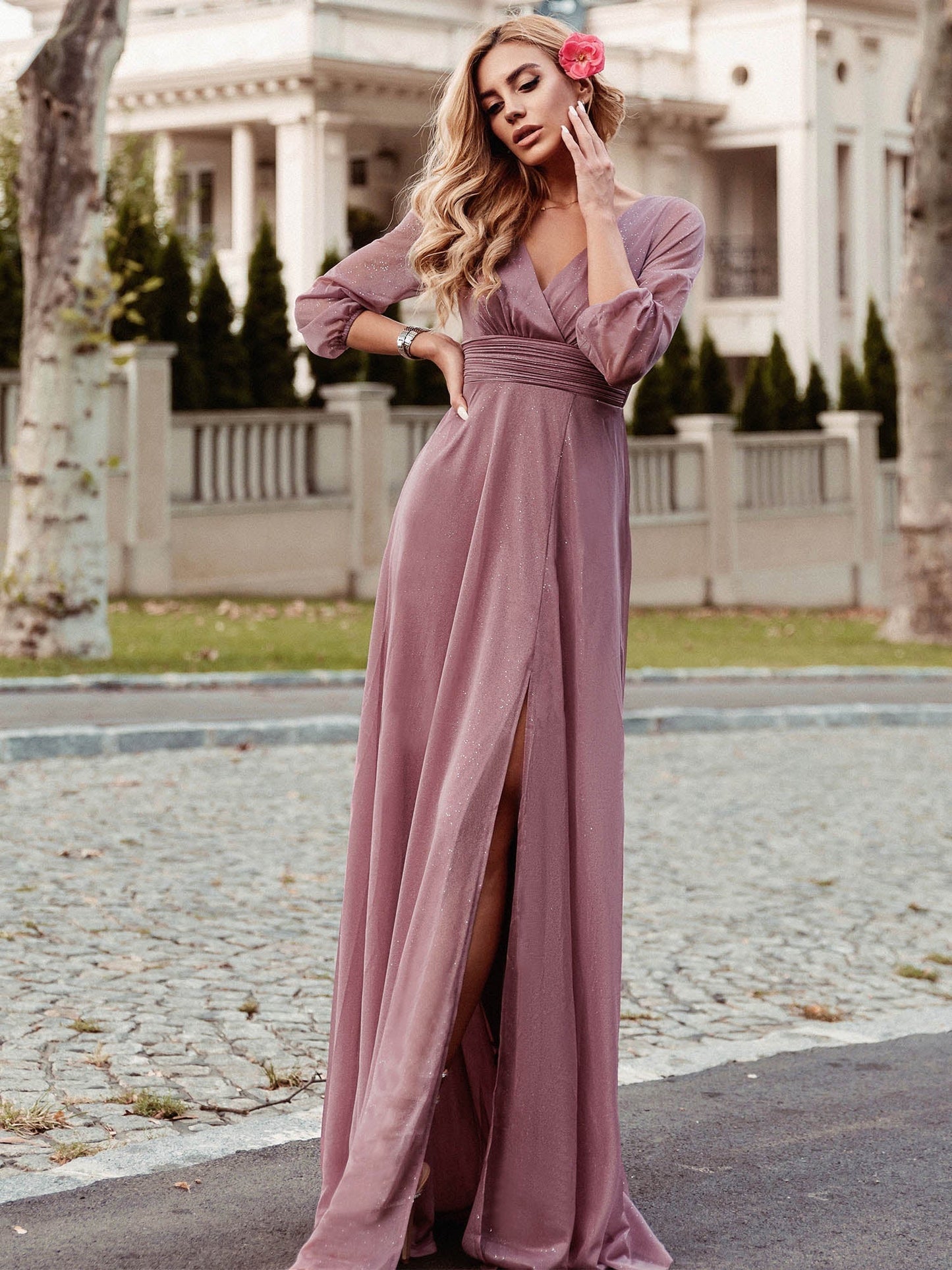 Sleek Shimmer V-Neck Evening Gown With Long Sleeves