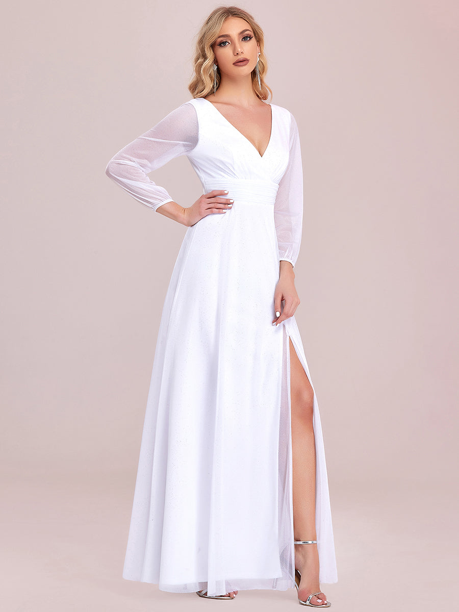 Sleek Shimmer V-Neck Evening Gown With Long Sleeves