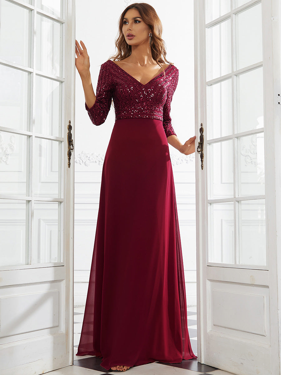 Chic A-Line Evening Dress with Sequin Detail and 3/4 Sleeves