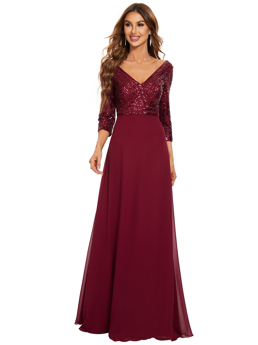 Chic A-Line Evening Dress with Sequin Detail and 3/4 Sleeves