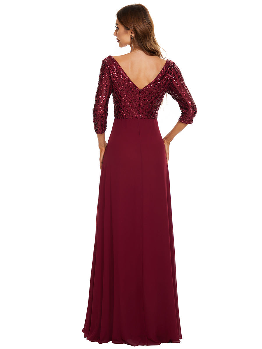 Chic A-Line Evening Dress with Sequin Detail and 3/4 Sleeves