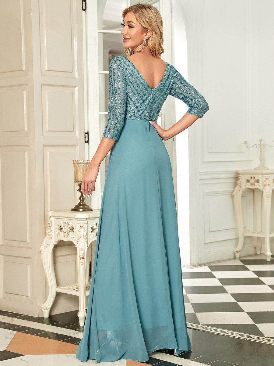 Chic A-Line Evening Dress with Sequin Detail and 3/4 Sleeves