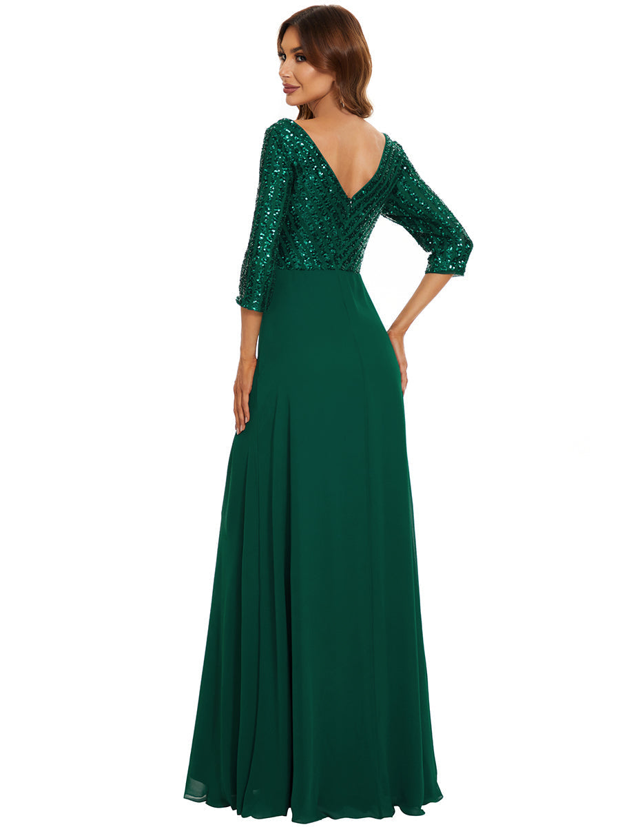 Chic A-Line Evening Dress with Sequin Detail and 3/4 Sleeves