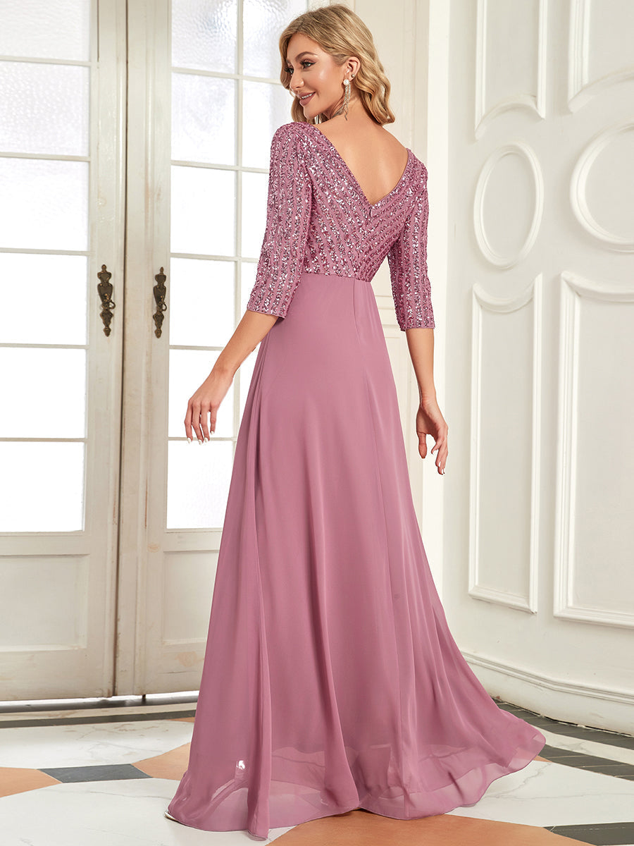 Chic A-Line Evening Dress with Sequin Detail and 3/4 Sleeves