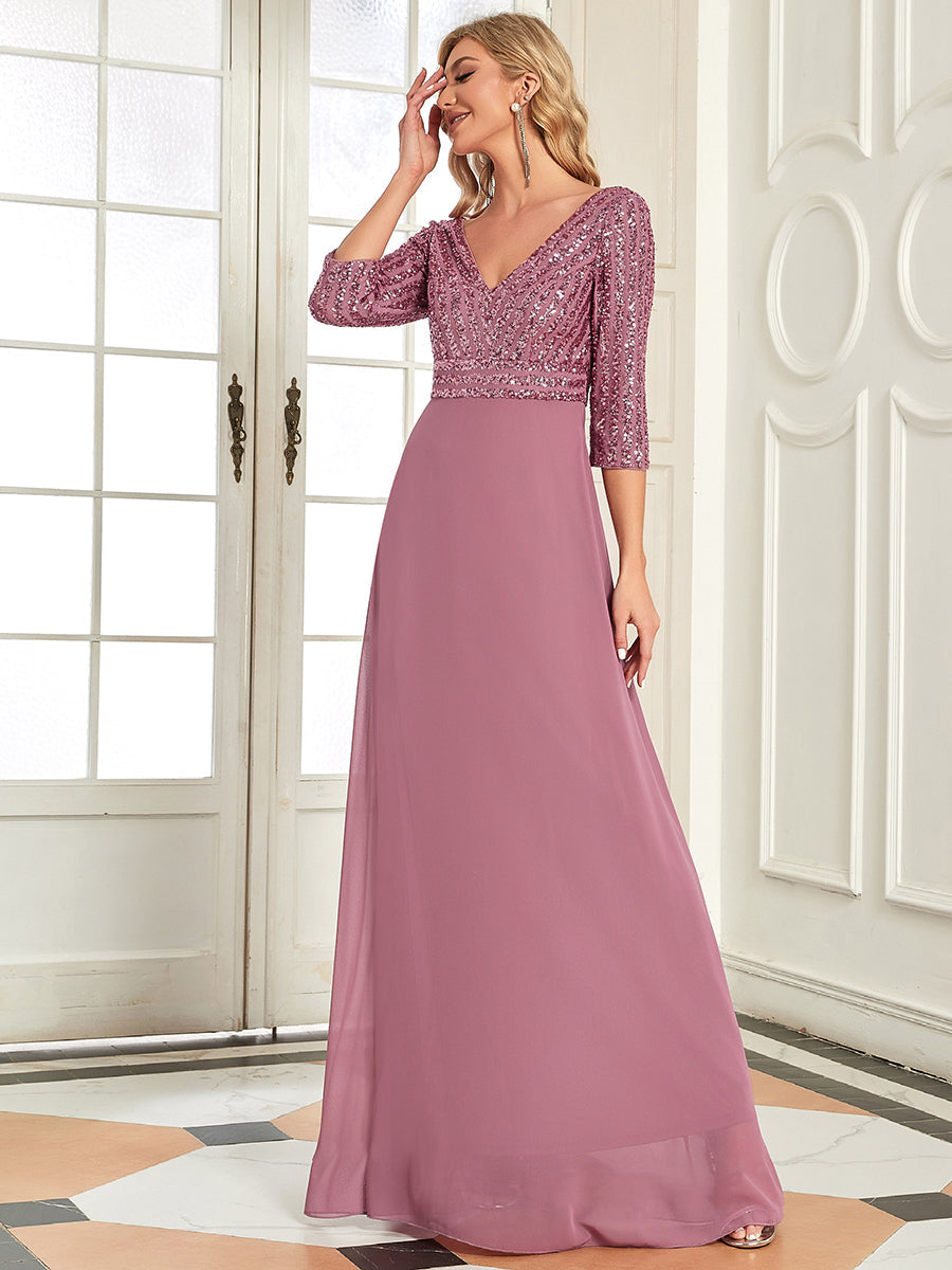 Chic A-Line Evening Dress with Sequin Detail and 3/4 Sleeves