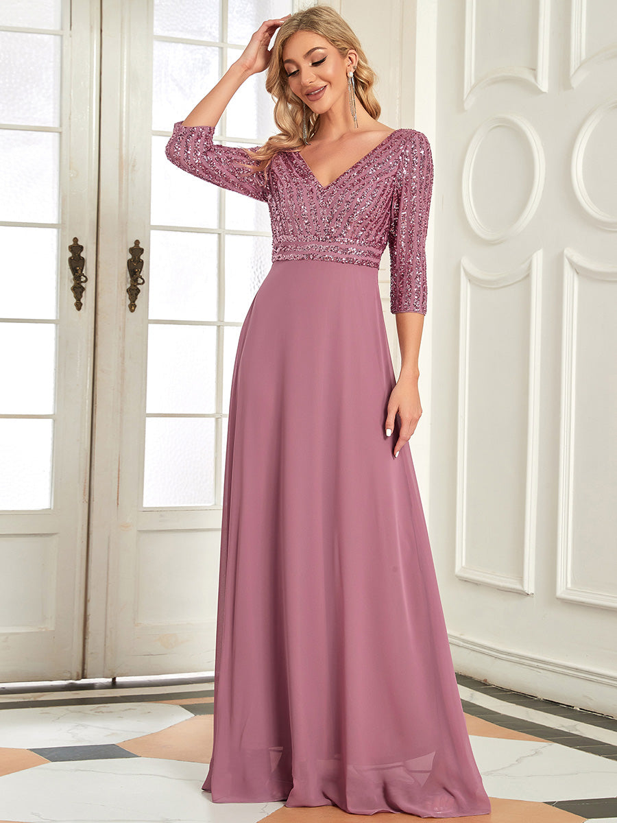 Chic A-Line Evening Dress with Sequin Detail and 3/4 Sleeves